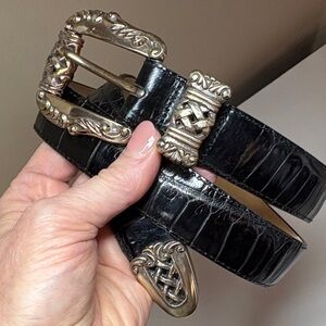 Brighton Vintage Black Belt with Ornate Metal Buckle, Medium